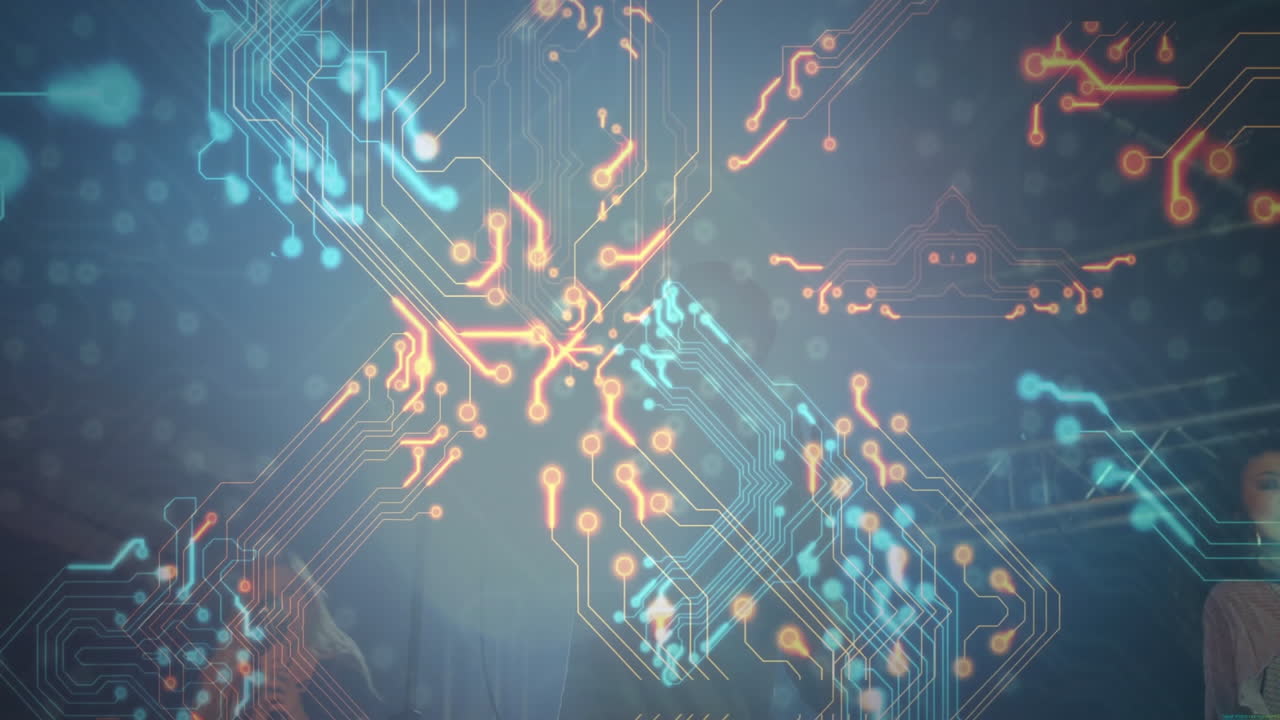 designer navigating technology network, displaying glowing neon-blue and orange circuit traces