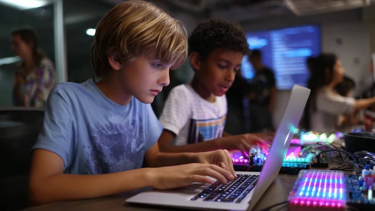 Children learning to code with laptops