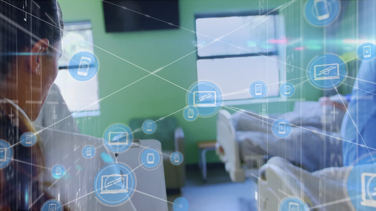 In hospital room, animation of healthcare technology icons and network connections