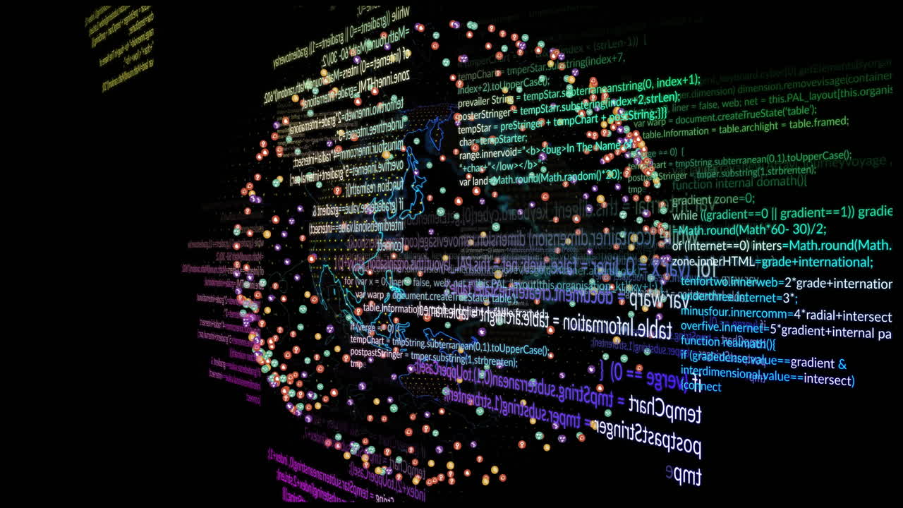 esfera giratoria de puntos coloridos y animación de código de programación