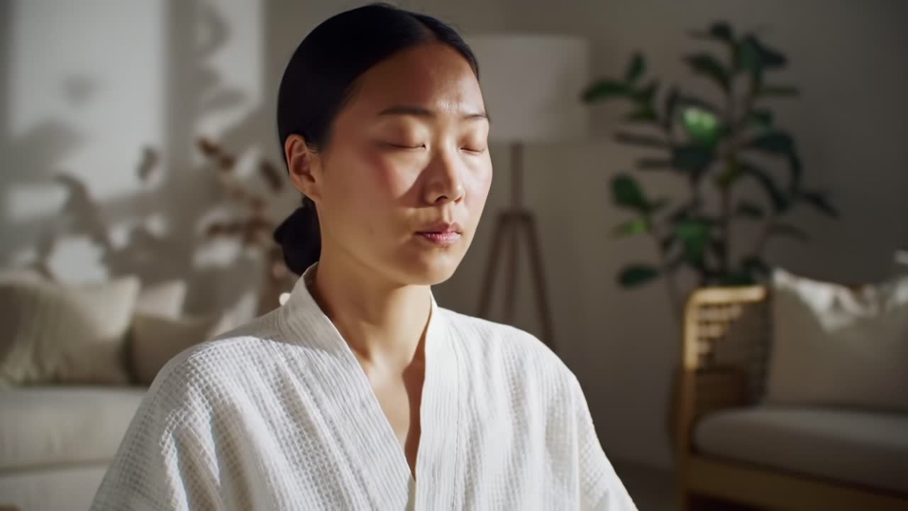 A Moment of Tranquility: A Woman in Serenity Embracing Stillness in a Cozy Indoor Space for a Mindful Meditation Experience