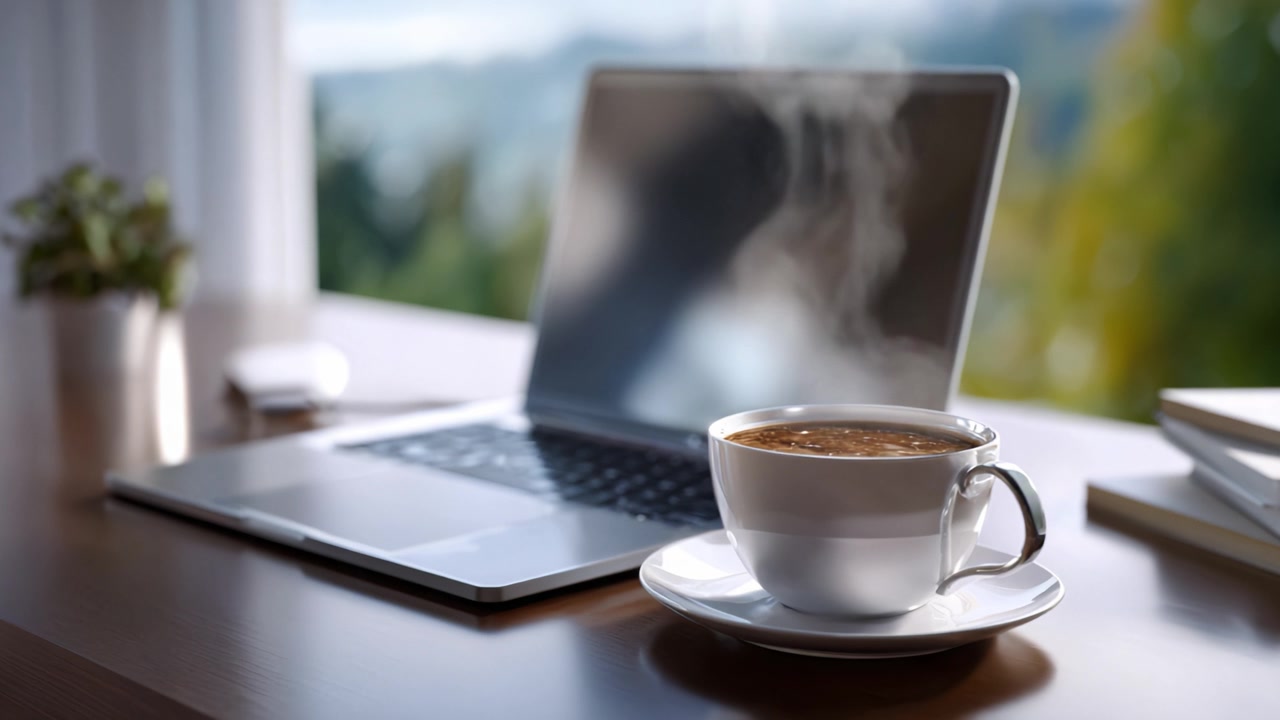 Um Espaço de Trabalho Aconchegante com uma Xícara de Café e um Laptop em Meio a um Fundo Natural Claro e Convidativo para Dias Produtivos