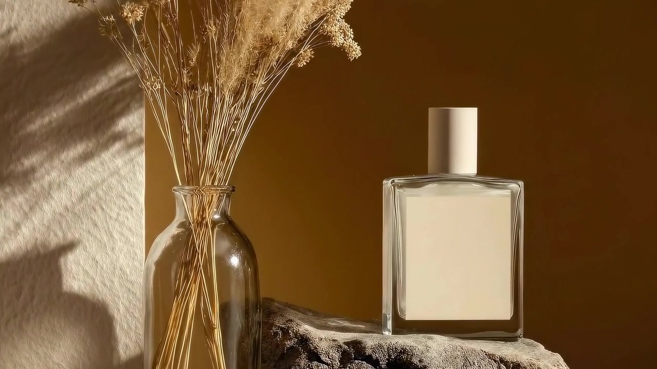 Bottiglia di profumo minimalista e fiori secchi su espositore in pietra