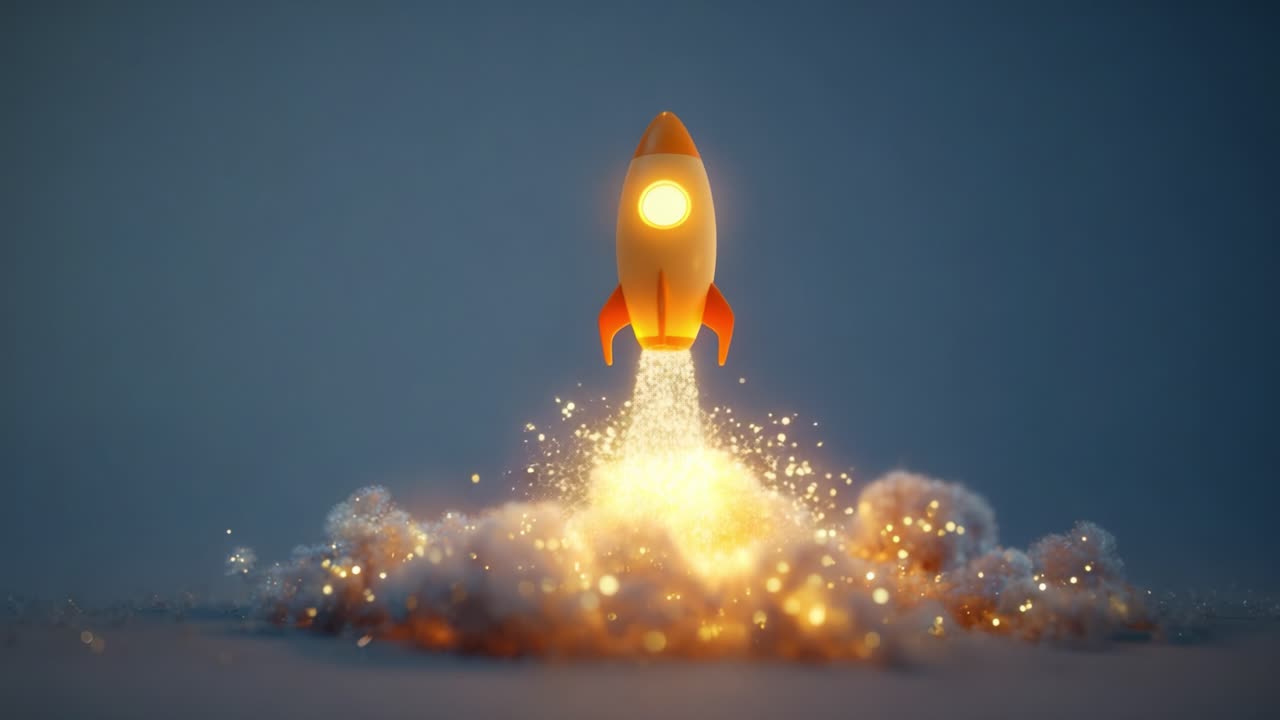 A playful rocket illustration taking off, surrounded by a cloud of sparks and glowing particles, symbolizing adventure, innovation, and the excitement of exploration in a vibrant digital art style
