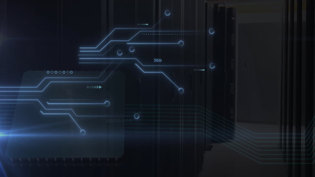 Animation of computer circuit board data processing over computer servers