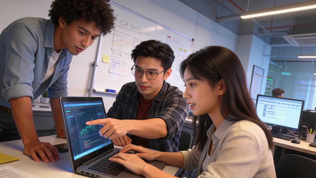 Pointing glasses man in denim urging open-office team, woman typing laptop checking uptrend chart
