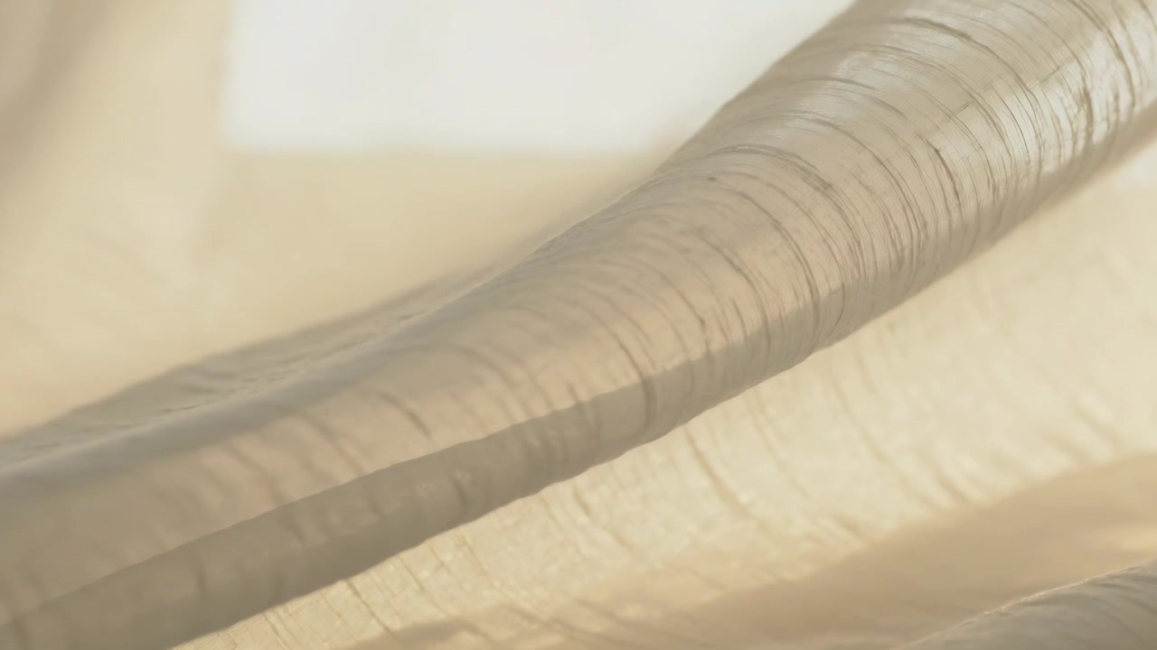 Tenda velata beige chiaro che ondeggia alla finestra, mossa da una leggera brezza che entra e ne muove le pieghe.