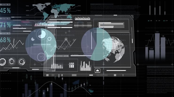 Animation of financial data processing with world map and globe over black background