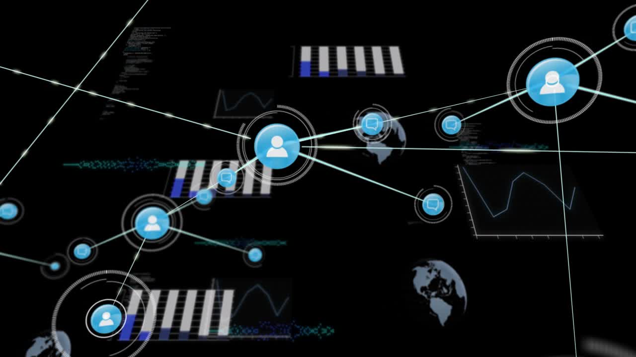 Network of connections and data processing animation over digital graphs and charts