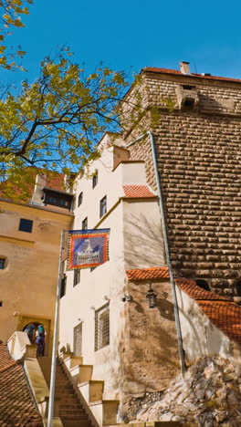 beautiful sunny autumn day near the old castle. count dracula home place in brasov, romania. low angle view. vertical video