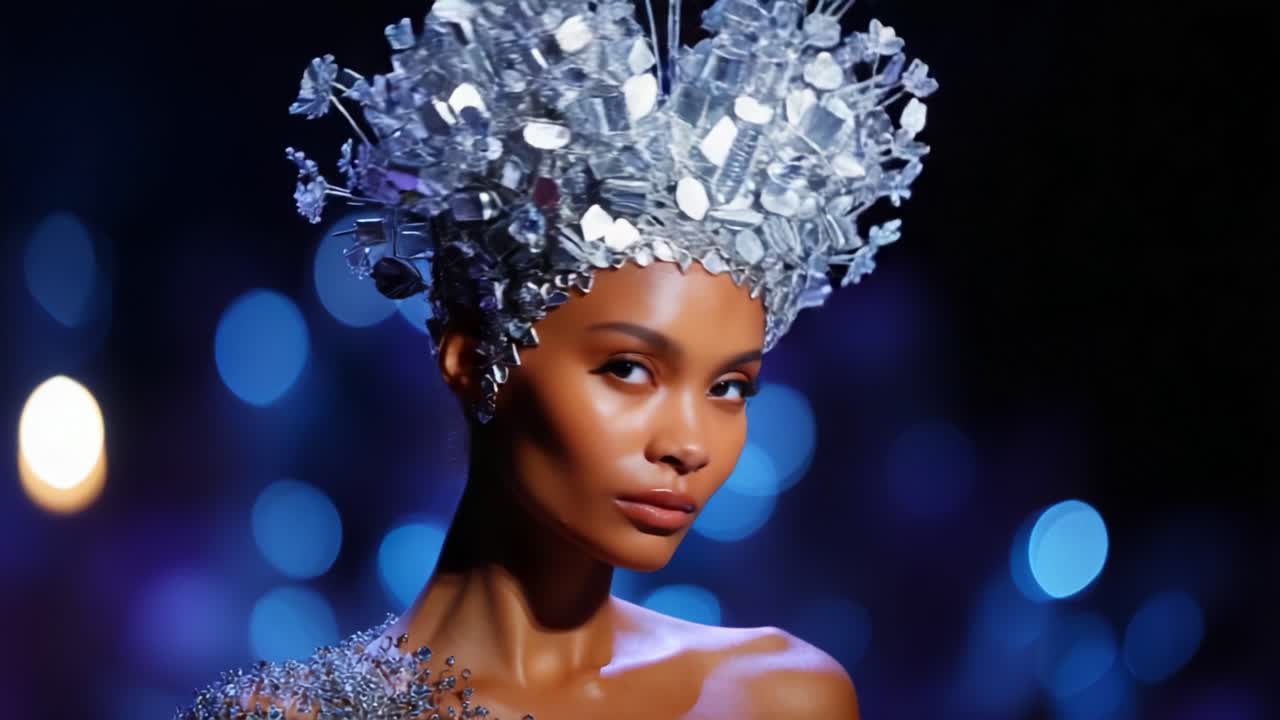 Captivating Elegance: A Model Showcasing an Intricate Crystal-Headdress Against a Dreamy Background of Soft Blue Lights