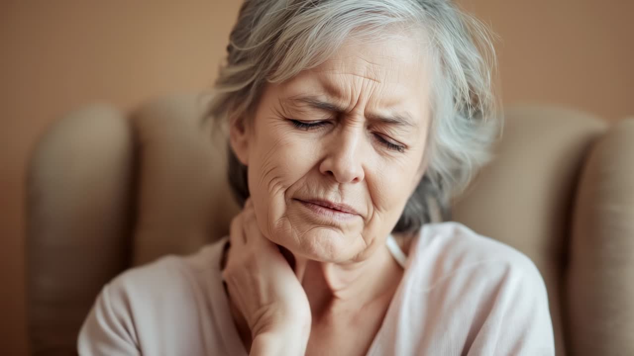 Reacting to neck stiffness, senior woman rubbing right neck in armchair at home, wearing pink top