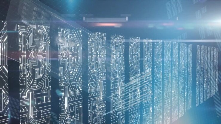 Animation of columns with computer circuit board over data processing