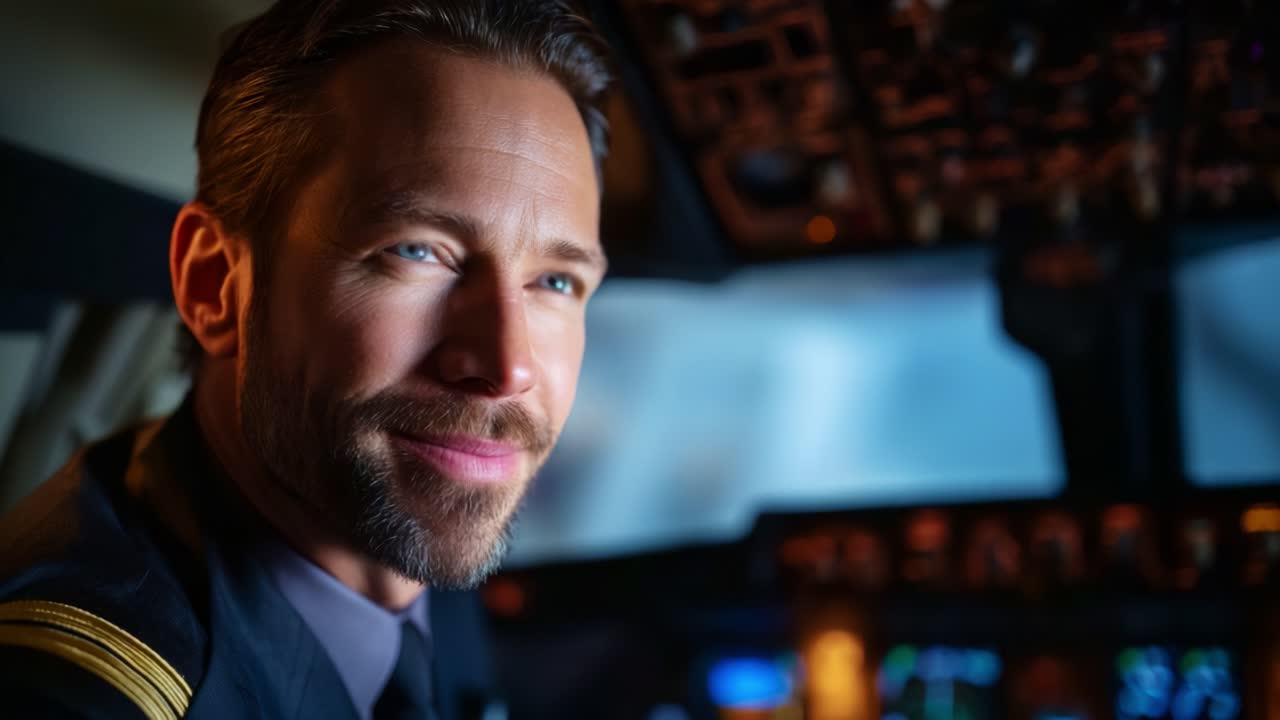 Confident pilot in the cockpit, showcasing determination and expertise while navigating the skies with precision and professionalism in a modern aircraft environment