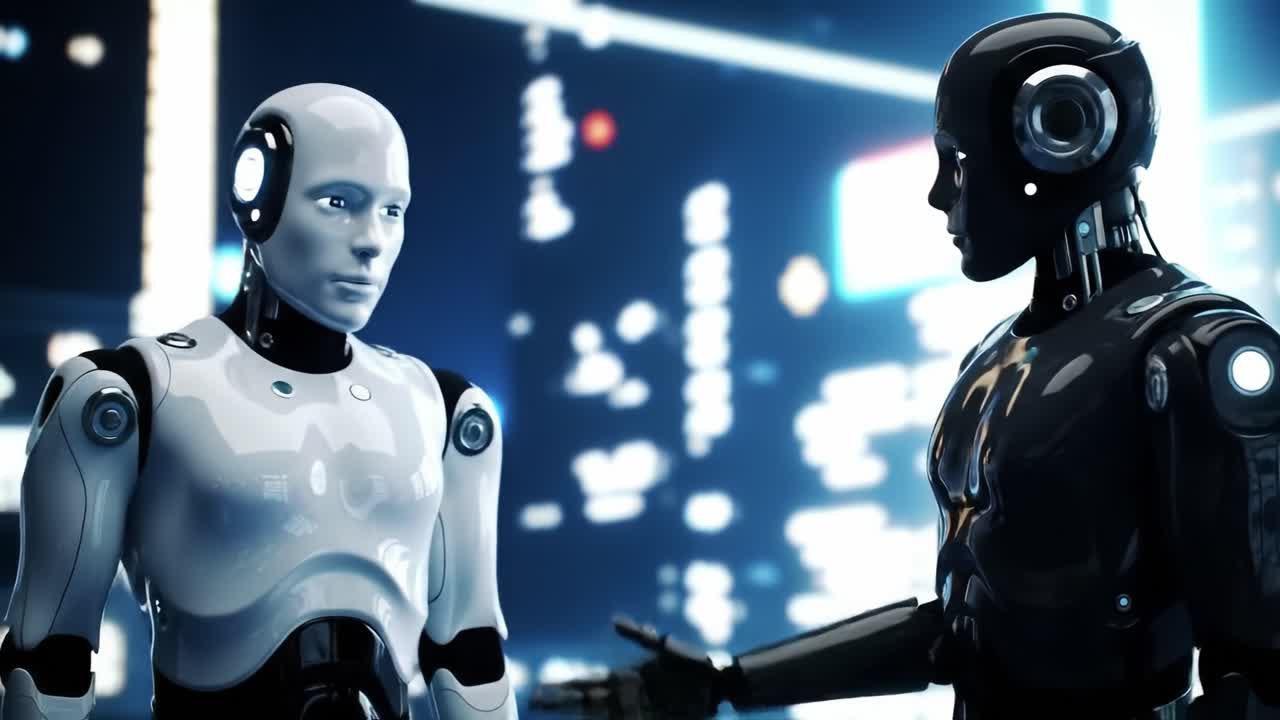 Two humanoid robots discuss advancements in technology in a sleek, futuristic environment filled with digital displays. Their interaction represents the rise of AI and robotics.