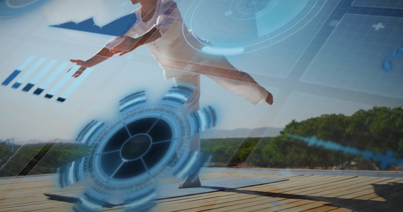 Woman stepping onto deck shifting single leg balance while fitness HUD charts appearing over water