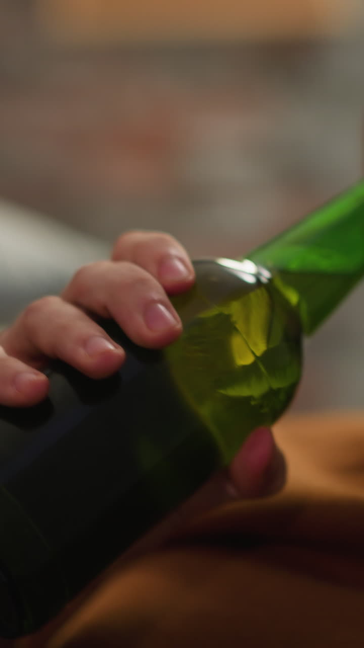 el hombre de pelo largo hipster bebe cerveza fría disfrutando de un juego de fútbol en un apartamento de primer plano en cámara lenta. hombre guapo fanático de los deportes con gafas en casa