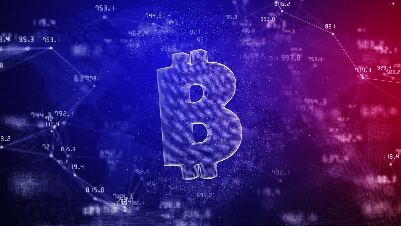 Bitcoin cryptocurrency symbol on blue background with changing financial indicators. Lines and dots with moving numbers. Abstract looped animation.