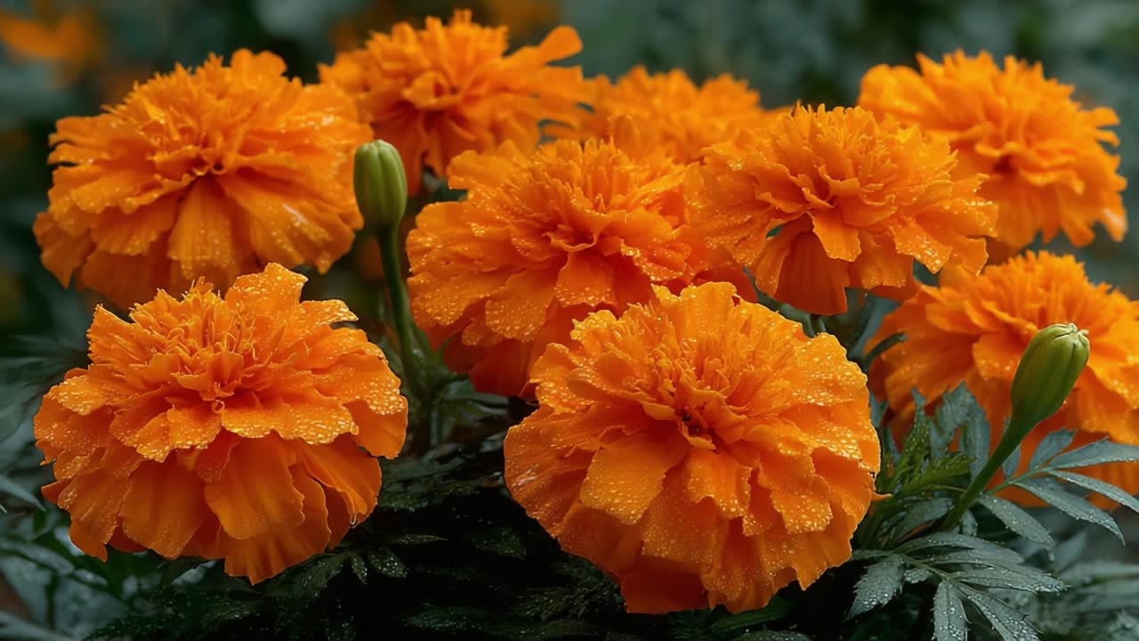 Una vivace esposizione di fiori arancioni: L'incantevole bellezza delle calendule bagnate di rugiada catturata con dettagli mozzafiato.