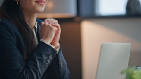 woman hands texting laptop at workplace closeup. happy employee closing computer