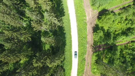 Vista-Aérea-Vertical-De-Un-Automóvil-Conduciendo-Por-El-Sendero-Del-Bosque-De-Verdún.