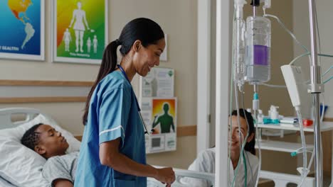 hospital scene with nurse and doctor caring for a patient