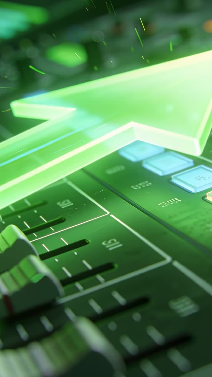 Neon green arrow appearing above faders, gliding right across audio mixer, showing signal path