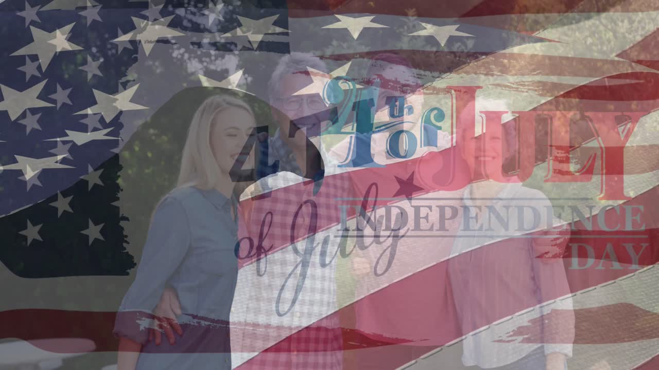 카메라에 미소 짓는 고위 백인 친구들 위의 미국  ⁇ 발의 애니메이션