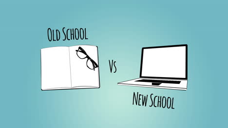 animación de texto de la vieja escuela frente a la nueva escuela e iconos digitales sobre fondo azul