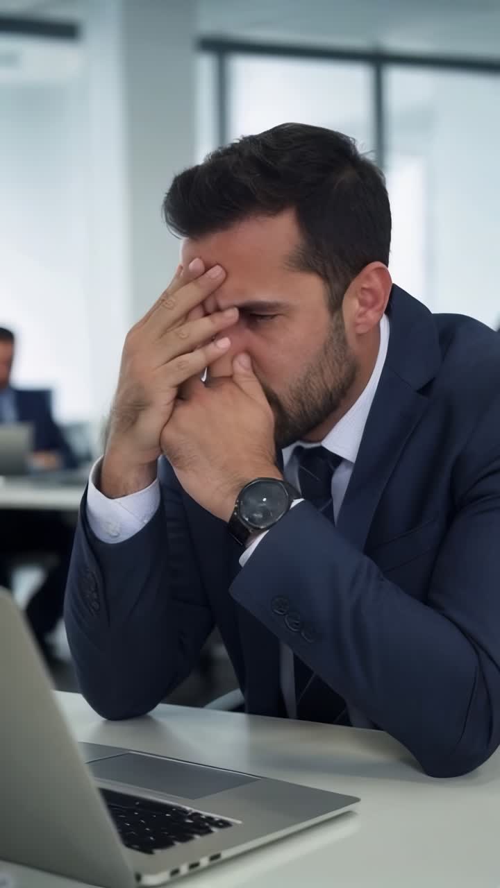 A businessman in a blue suit, sitting at his desk with a frustrated and exhausted expression.