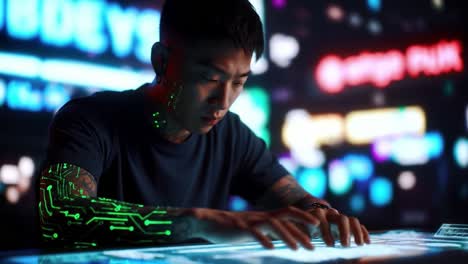 a glimpse into the future of technology: a young individual engaging with an interactive digital display, merging human ingenuity with advanced digital interfaces