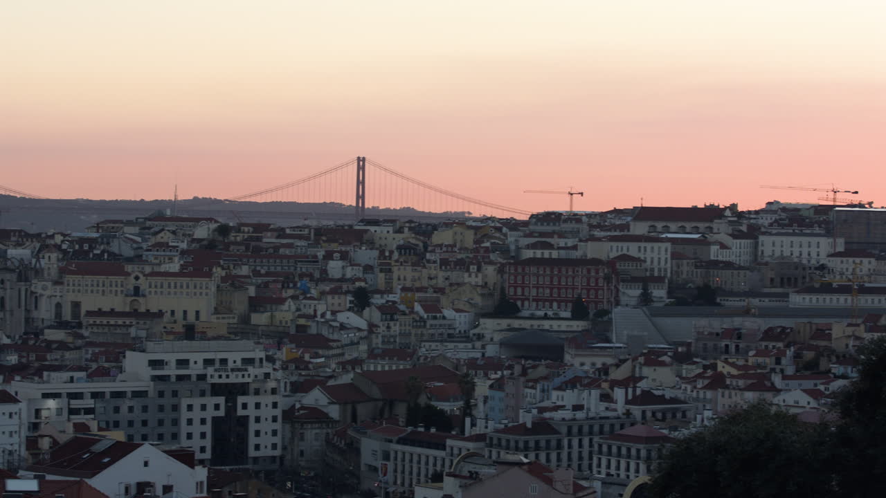 Paesaggio urbano di Lisbona al tramonto con il Ponte 25 de Abril