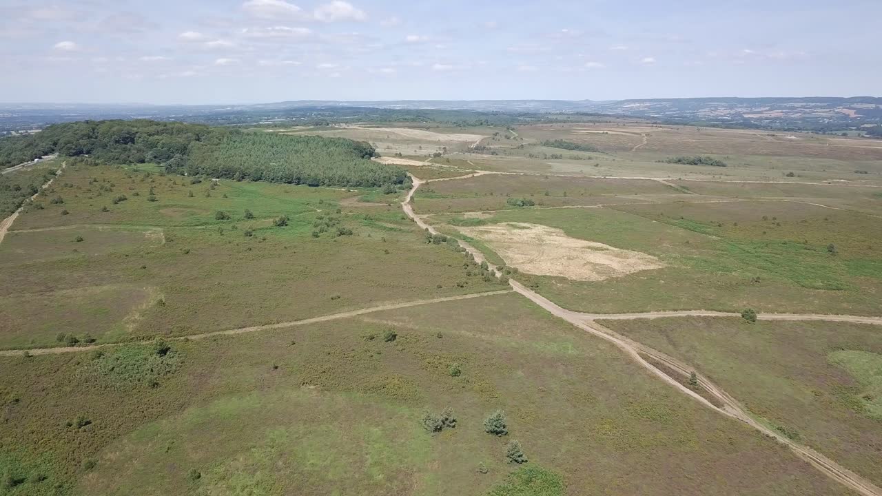 Aerial View of Heathland Landscape with Dirt Roads