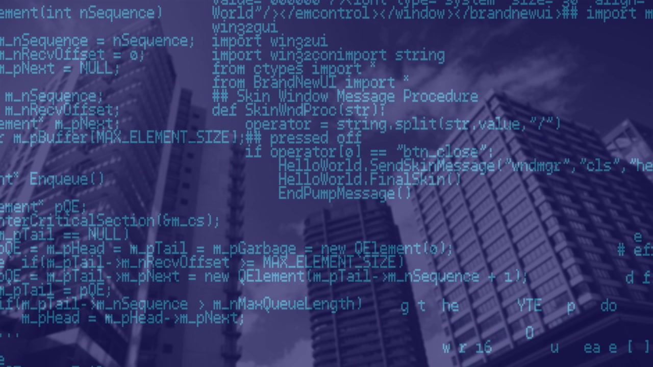 Animation of data processing over cityscape