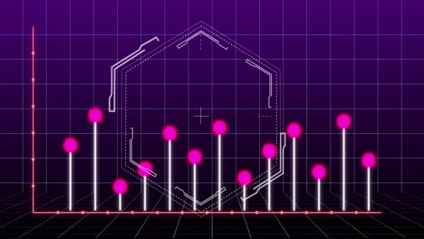 Animation-Der-Statistischen-Datenverarbeitung-über-Ein-Gitternetz-Und-Sechseckige-Form-Auf-Violettem-Hintergrund