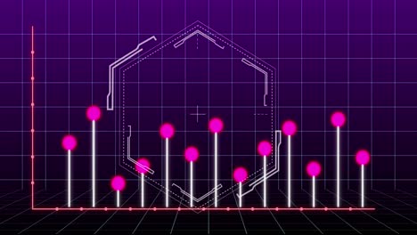 animation of statistical data processing over grid network and hexagonal shape on purple background