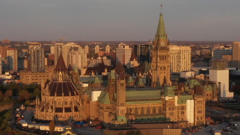 canadian parliament hill in ottawa golden hour aerial