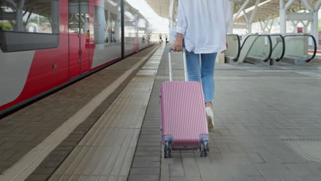 woman with suitcase at train station