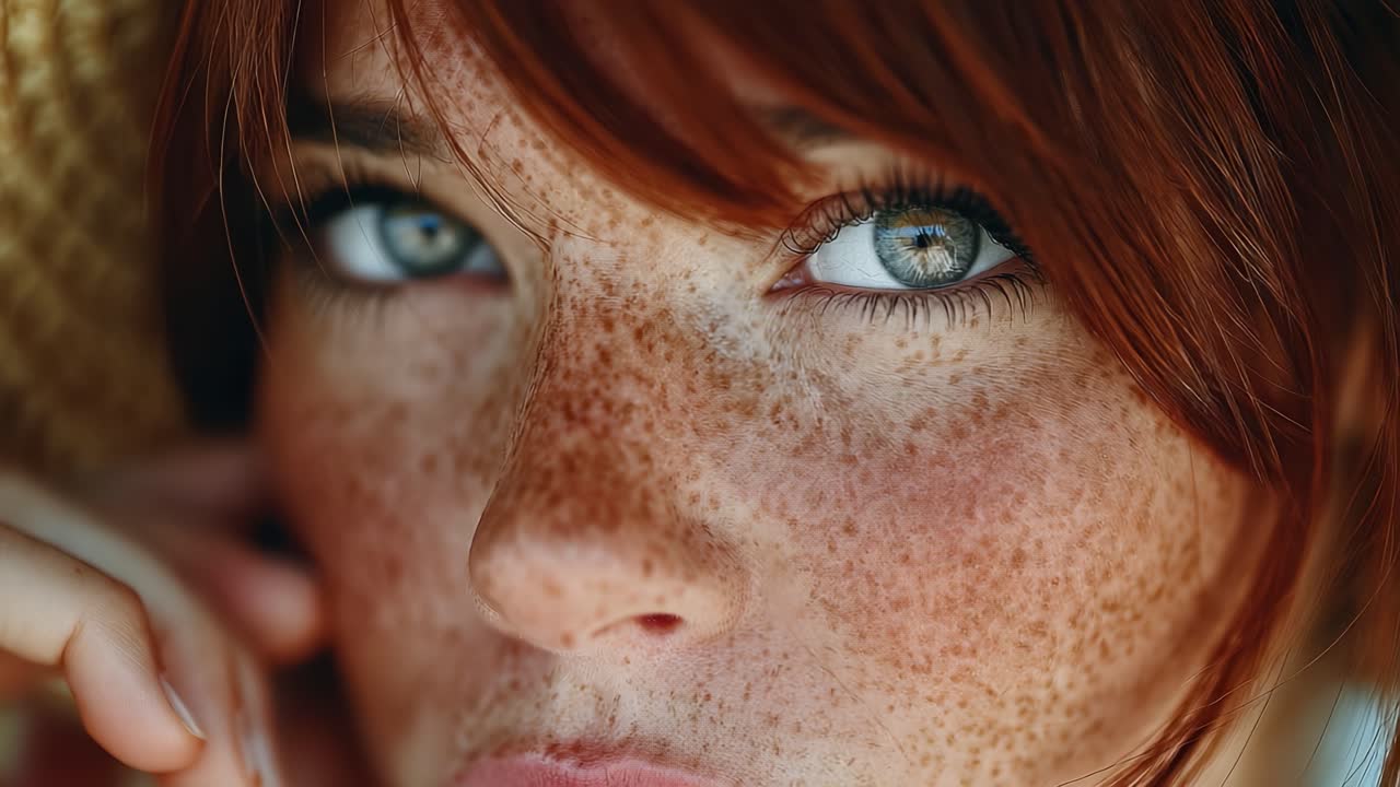 Close-Up of a Young Woman with Freckles and Striking Blue-Green Eyes, Capturing Intense Mood and Emotional Expression in Vibrant Natural Lighting