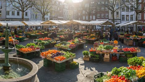 vibrant open-air marketplace at dusk showcasing a variety of fresh produce, including fruits and vegetables, surrounded by vendors and enthusiastic shoppers