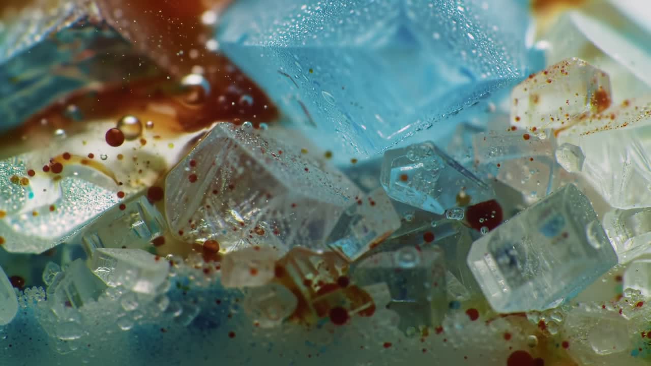 Colorful Ice Crystals and Bubbles Trapped in a Liquid Environment During a Creative Experimentation Session