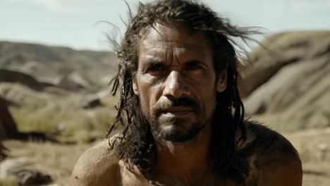 close-up portrait of a rugged man in a desert landscape