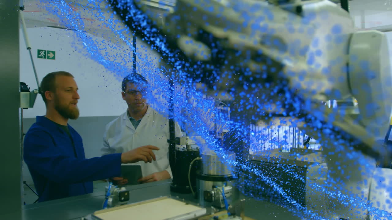 Animation of blue glowing mesh over male scientist with robot and tablet