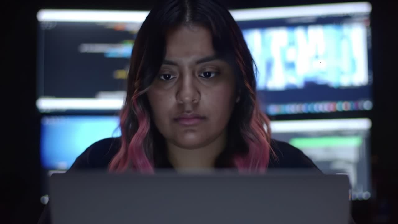 Focused Individual Engaged in Technology Amongst Multiple Computer Screens, Illustrating Concentration and Digital Skill During Late-Night Work Session