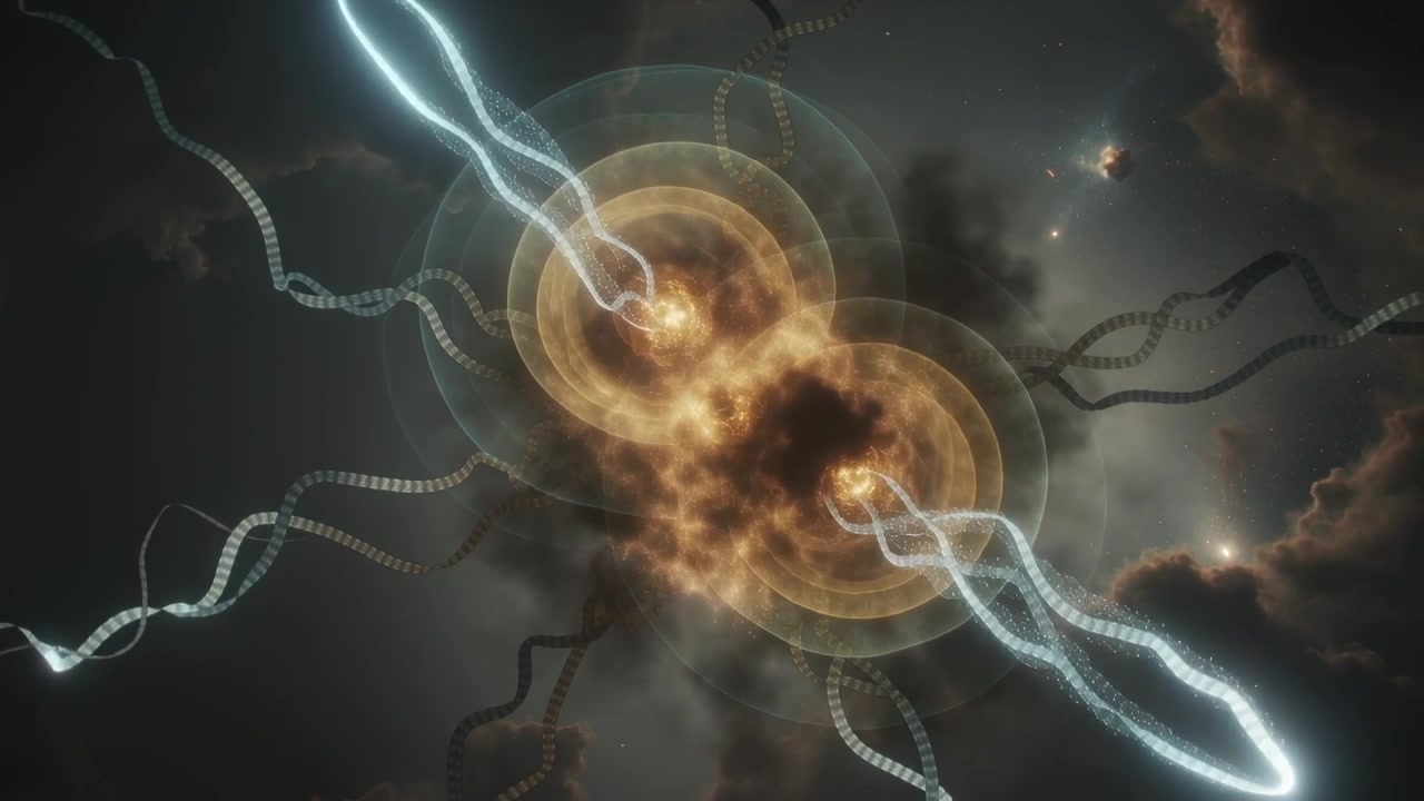 Arcing blue arcs striking gold cores in nebula, urging helix ribbons coiling around tendrils, smoke