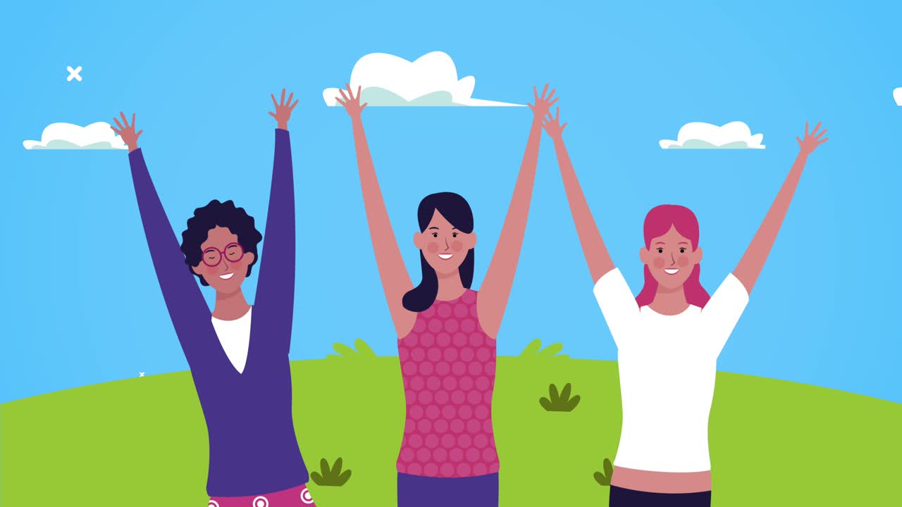 happy womens day card with girls celebrating in the field