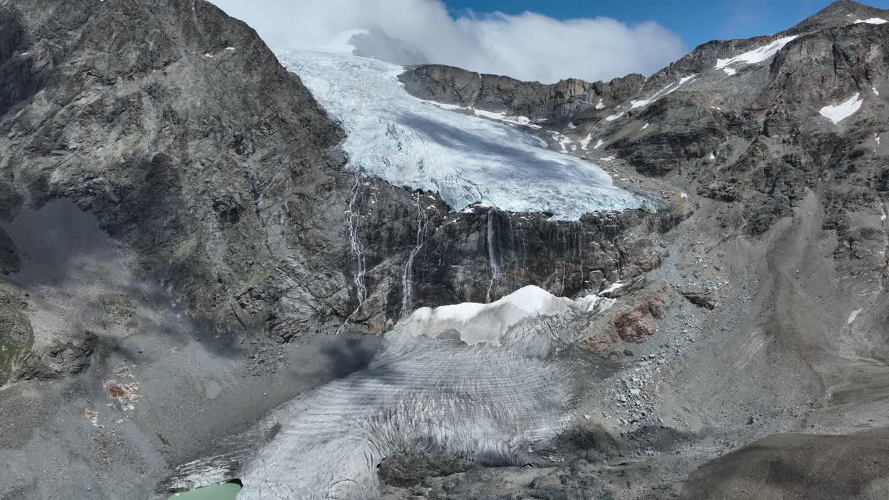 Aerial pullback Drone Shot of Fellaria's Glacier revealing Fellaria's Oriental Lake - Valmalenco - Sondrio