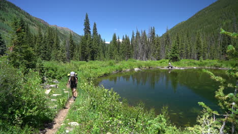 jeune randonneuse avec sac à dos marchant au bord d'un étang dans un paysage verdoyant de montagnes rocheuses, colorado usa le jour d'été ensoleillé