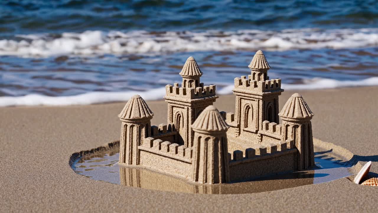 Un primo piano all'altezza degli occhi di un dettagliato castello di sabbia su una spiaggia, con le onde sullo sfondo