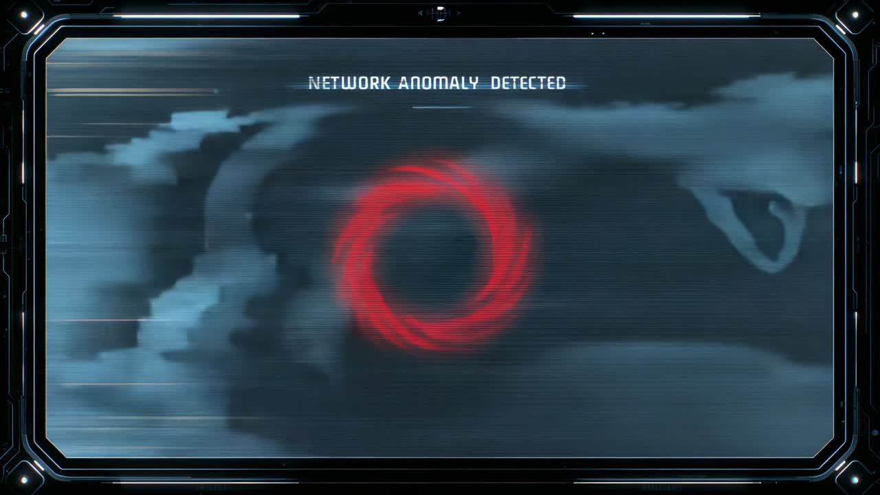 Anello rosso vorticante che pulsa su HUD dopo l'allerta "ANOMALIA DI RETE RILEVATA" che appare con una scia.